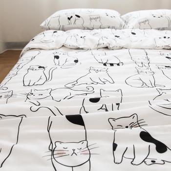 喵喵喵!手繪貓咪卡通可愛全棉斜紋床單被套單件純棉被罩白色干凈