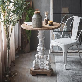 法式復古雕花羅馬柱茶幾桌高60白色客廳沙發邊角幾小圓桌實木邊幾