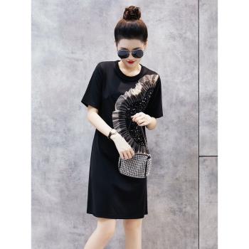 歐洲站2023女夏季新款黑色連衣裙洋氣網紗拼接時尚收腰氣質a字裙