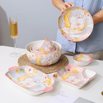 釉下彩可愛萌兔陶瓷碗盤勺筷餐具組合套裝家用卡通菜盤子飯碗湯碗