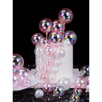 烘焙裝飾ins 幻彩炫彩透明球粉紅白色圣誕球蛋糕裝飾生日擺件插件