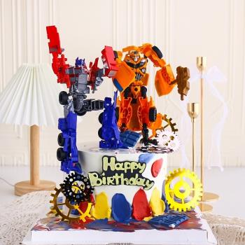 變形汽車人拼裝機器人蛋糕裝飾擺件插件超人男孩娃娃兒童生日配件