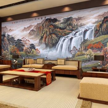 流水生財中式大型壁畫辦公室大氣山水墻紙沙發客廳電視背景墻壁布