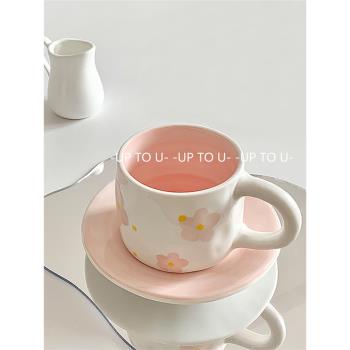 SHˇ咖啡杯設計師款小眾ins手繪粉色櫻花陶瓷杯碟套裝高顏值禮物