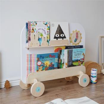 寶寶簡易繪本書架落地小型多層圖書閱讀收納玩具二合一可移動推車