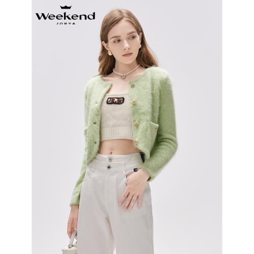 卓雅周末24秋新款小香風黑白條紋圓領口袋馬海毛針織開衫EJWDCQ40