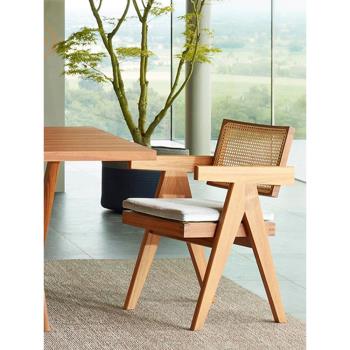 原木編藤實木餐椅昌迪加爾經典意式極簡單人沙發椅家用椅子帶扶手