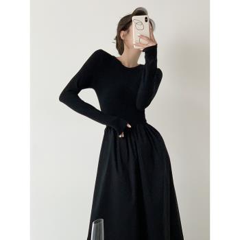 鏤空針織長袖連衣裙女秋冬設計感小眾氣質修身顯瘦赫本風黑色長裙