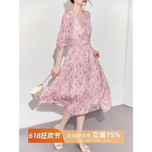 乄 原創 JUE美九月！浪漫郁金香 立裁收腰印花含真絲茶歇連衣裙