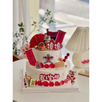 舞獅蛋糕裝飾品小孩老虎糖葫蘆寶寶周歲滿月生日宴中式甜品臺插件