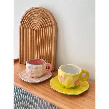 日式手捏造型小花杯碟 咖啡杯子家用茶杯碟小清新陶瓷ins風下午茶