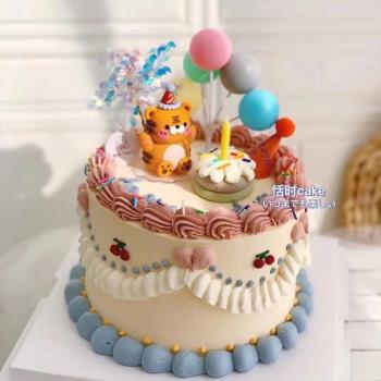 網紅虎寶寶蛋糕裝飾擺件派對帽小老虎男孩女孩周歲生日插牌插件