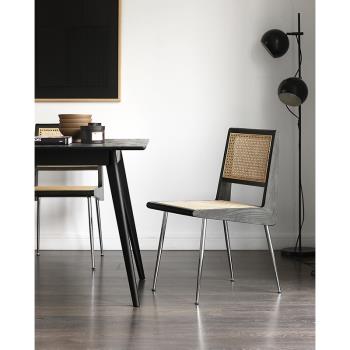 輕奢實木餐椅北歐藤編椅子設計師中古昌迪加爾椅簡約餐廳靠背桌椅