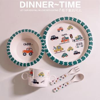 竹纖維兒童卡通小汽車餐盤碗杯套裝環保寶寶輔食面粥碗勺西餐盤