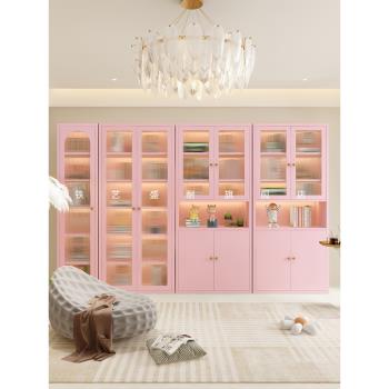 新款法式奶油風鐵藝書柜書架現代家用客廳玻璃防塵帶門收納展示柜