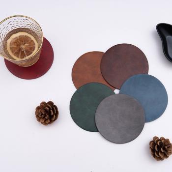 北歐創意咖啡杯墊圓形茶杯墊防水防燙碗墊pu皮革防滑隔熱墊