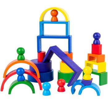 蒙氏彩虹拱形積木小人組合木制拼搭兒童益智七彩半圓疊疊樂玩具