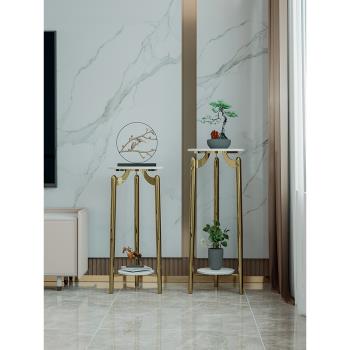 U+Home｜新中式輕奢巖板花架金色不銹鋼客廳擺件室內雙層置物花盆
