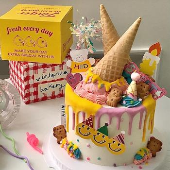 ins風蛋糕裝飾插件甜筒冰淇淋擺件小熊笑臉蠟燭插牌兒童生日配件