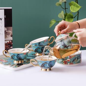 田園花鳥陶瓷玻璃加熱花茶壺套裝帶過濾歐式下午茶茶具保溫泡茶壺