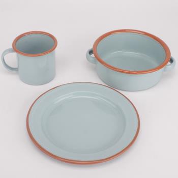 搪瓷 復古日式藍綠色雙耳搪瓷碗家用烘焙加厚焗飯盤 琺瑯水杯
