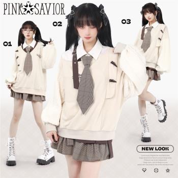 pinksavior【私語書】米棕色秋冬學院針織拼接格子設計款衛衣套裝
