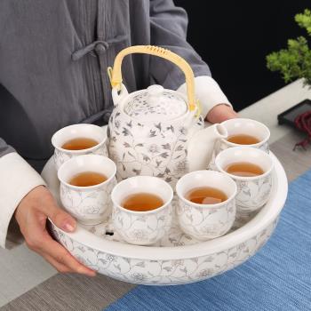 茶具套裝家用陶瓷杯提梁泡茶壺茶杯現代簡約6只裝大杯冷水壺茶盤