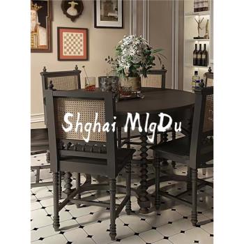 復古黑騎士實木圓餐桌椅組合餐椅法式雕花美式飯桌家用小戶型餐臺