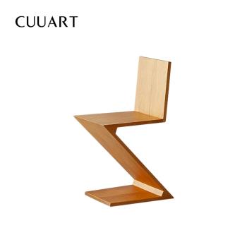 北歐實木餐椅設計師家用中古Zig zag Chair個性創意靠背簡約Z字椅
