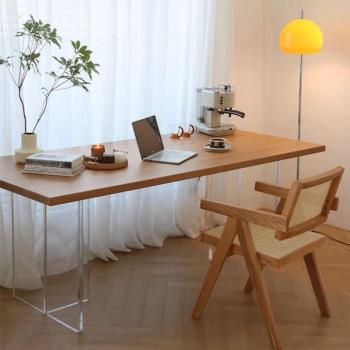 亞克力懸浮家用餐桌簡約現代實木辦公電腦桌長方形工作臺書桌飯桌