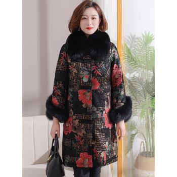 羽絨服中長款印花媽媽外套皮衣