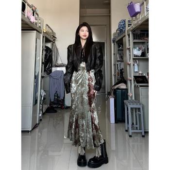 大碼御姐風性感金絲絨吊帶連衣裙女秋季美式復古機車皮衣外套套裝