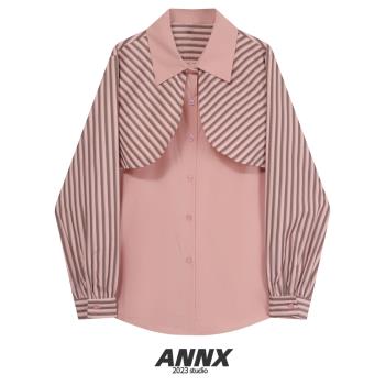 ANNX2023復古長袖襯衫上衣假兩件