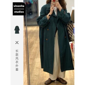 外套女韓系中長款墨綠色風衣外套