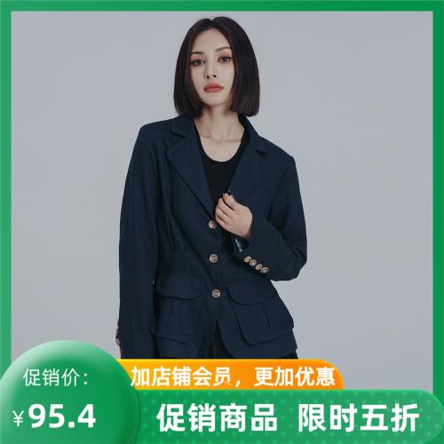 春秋裝新款復古文藝小西裝 藏青色麻料休閑夾克西裝外套女