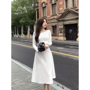 白色連衣裙春秋長袖訂婚穿搭登記領證小白裙女輕禮服裙子生日戰袍