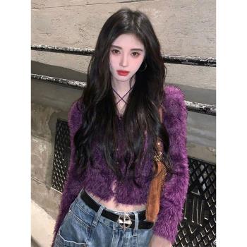 鞠婧祎紫色開衫辣妹長袖短款毛衣