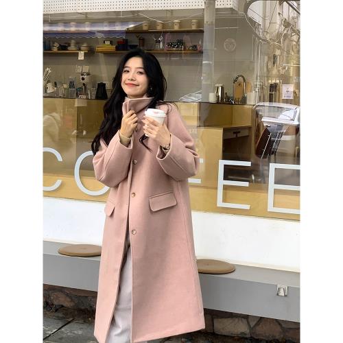yesroom「狎鷗亭」冬季新款簡約立領中長款粉色加厚毛呢大衣外套