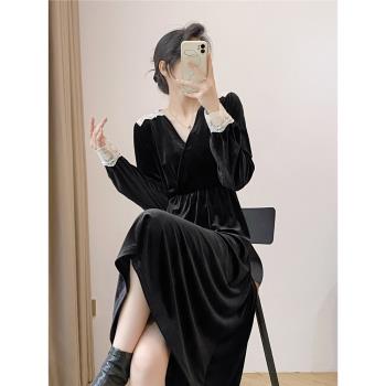 黑色絲絨秋季法式V領顯瘦連衣裙