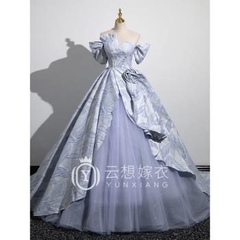 霧霾藍旅拍在逃公主緞面聲樂禮服