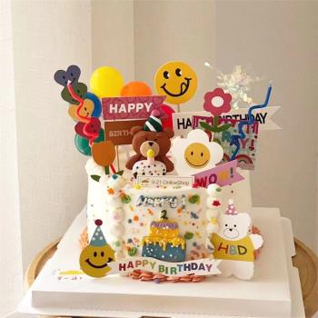 網紅韓系ins風蛋糕裝飾軟陶吹蠟燭小熊熊頭小花氣球生日插件插牌