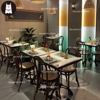 工業風實木巖板大理石桌椅組合復古美式咖啡廳甜品店酒吧餐廳餐桌