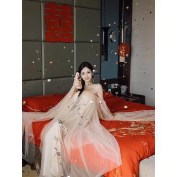 新中式晨袍女新娘宴會訂婚禮服高階輕奢小眾輕婚紗復古抹胸連衣裙