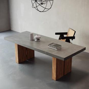 北歐復古仿水泥色餐桌實木侘寂風長桌會議桌設計師洽談辦公桌書桌