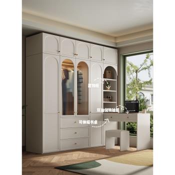 法式奶油風衣柜家用臥室現代簡約書桌柜一體組合帶玻璃門收納衣櫥