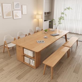 客廳實木大書桌書架一體桌家用初中生學習桌帶抽屜多功能長條桌子