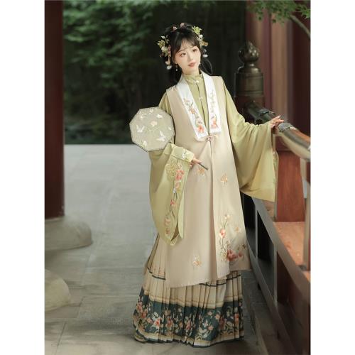 汝雅頌原創漢服女 明制正品比甲立領對襟長衫百褶裙新款秋花語蝶