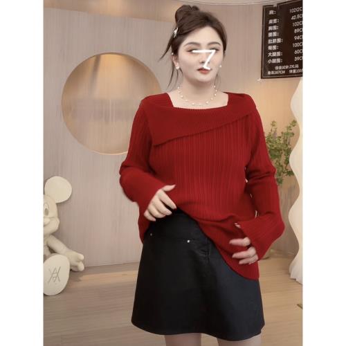 佳佳大碼設計感一字肩針織上衣女秋胖mm顯瘦百搭氣質套頭長袖毛衣