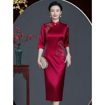 媽媽優雅醋酸旗袍酒紅色婚禮禮服