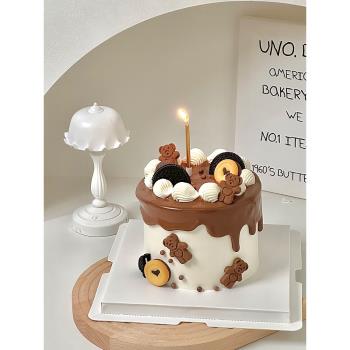 卡通小熊餅干巧克力淋面蛋糕插牌擺件浮雕玫瑰卡甜品裝飾